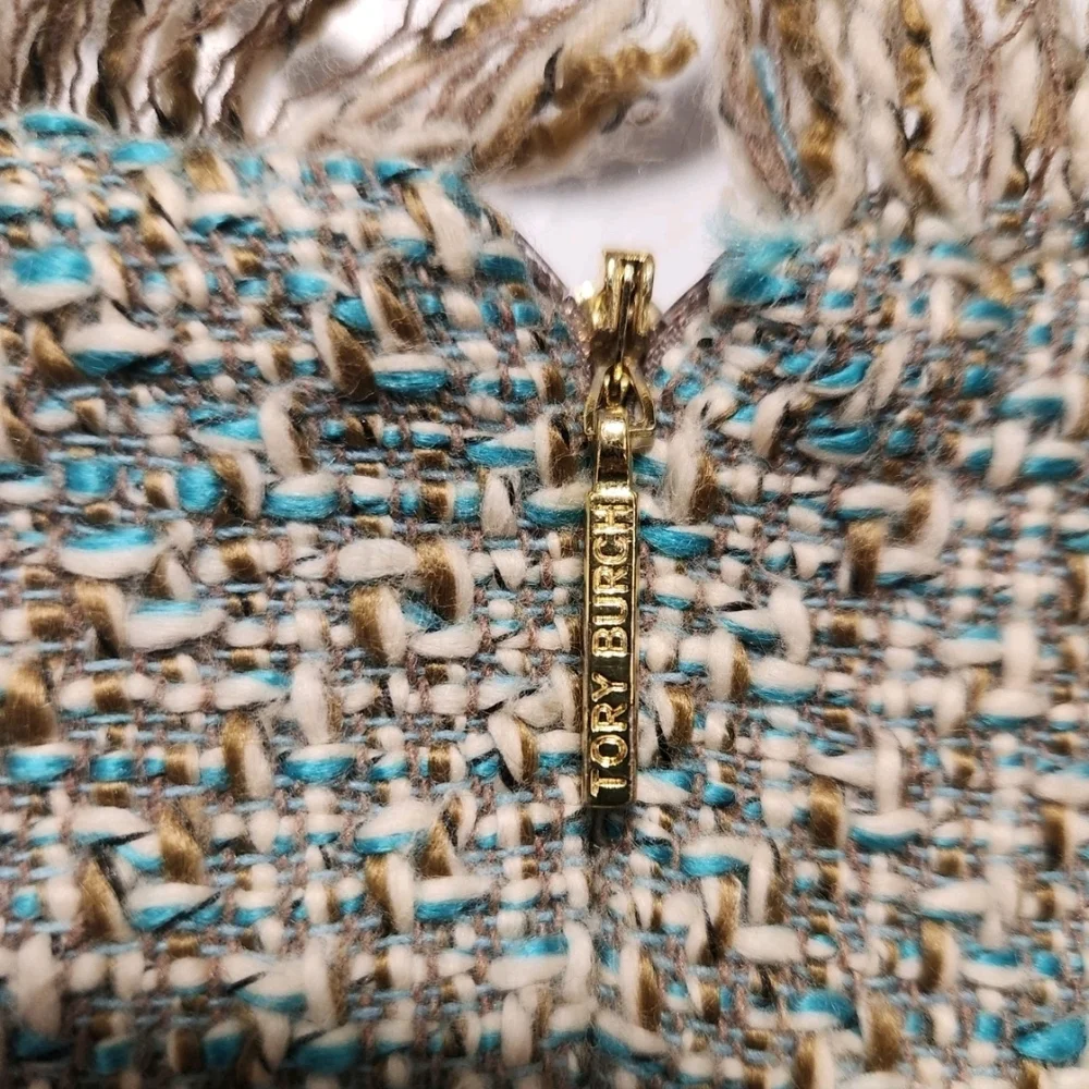 Tory Burch Tweed Fringe Sheath Dress in Green and Tan